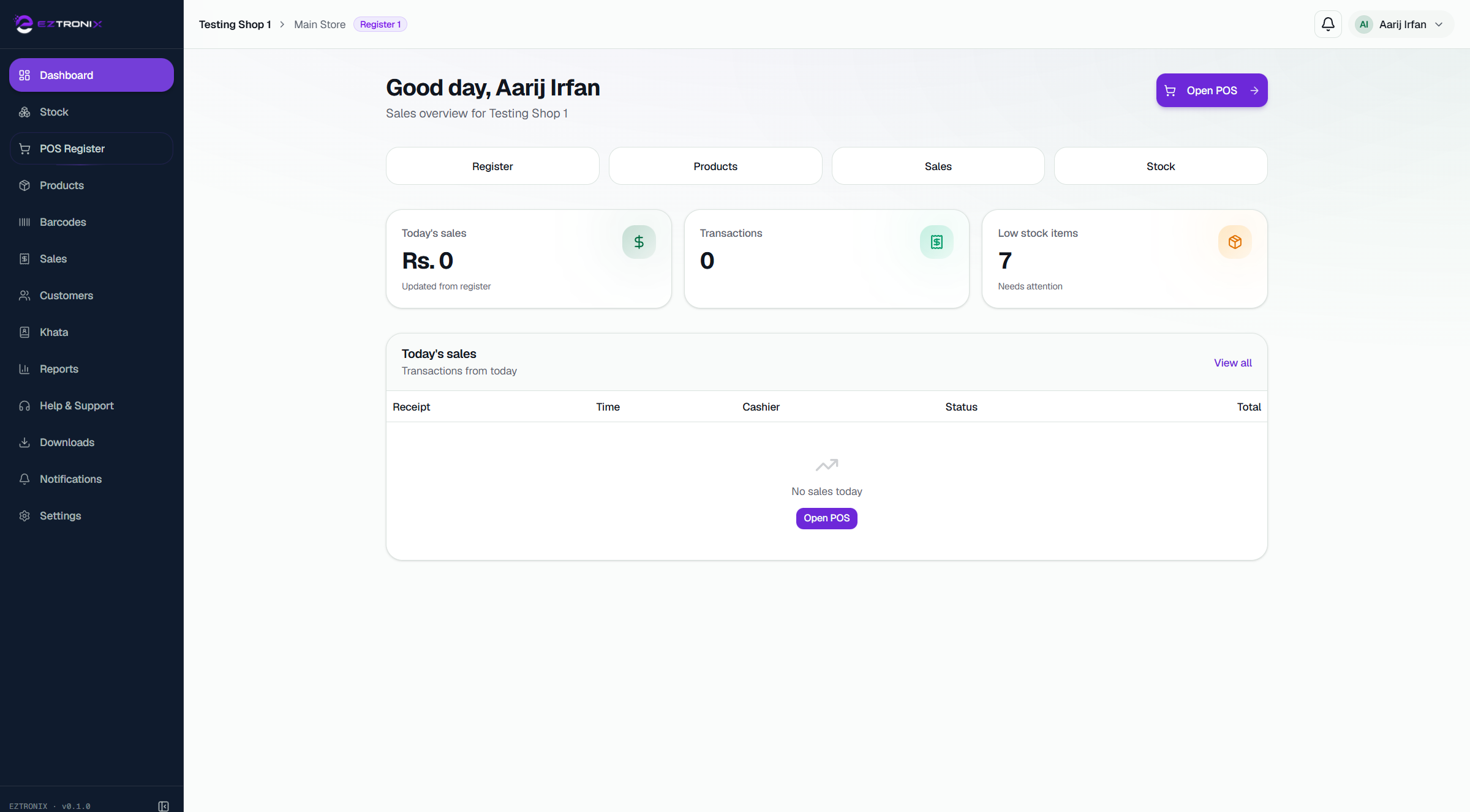 EZTRONIX owner dashboard with sales overview