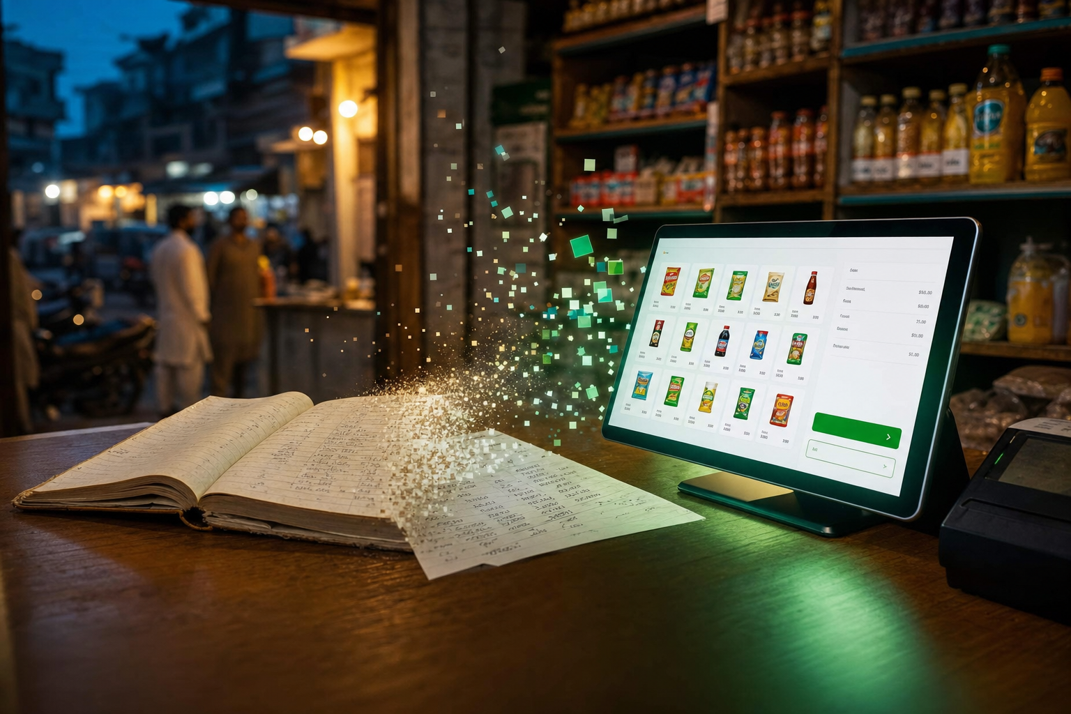 From handwritten notebook tallies to a modern retail POS on the counter